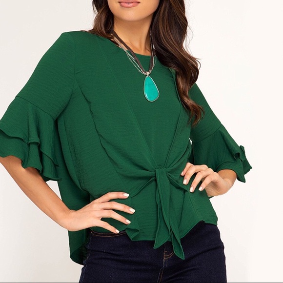 NEW! Hunter Green Ruffle Bell Sleeve Tie Front Top - Picture 2 of 7